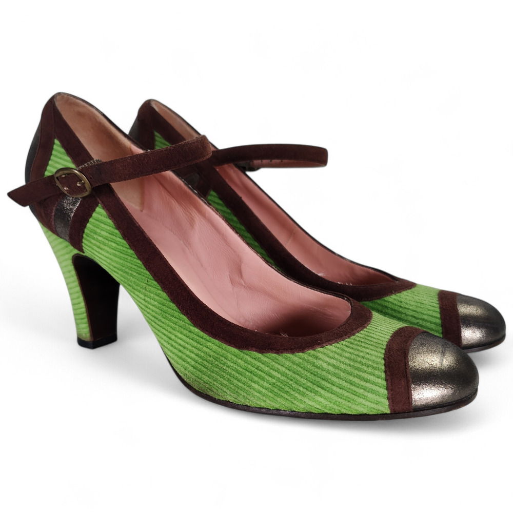 Marc Jacobs Mary Jane Heels EU 39.5  Green Corduroy Metallic Toe Italy